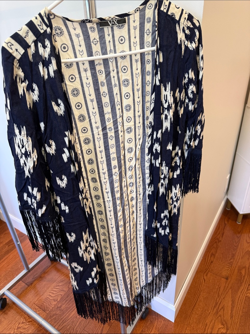 Boho Fringe Open Cardigan - Navy and Cream